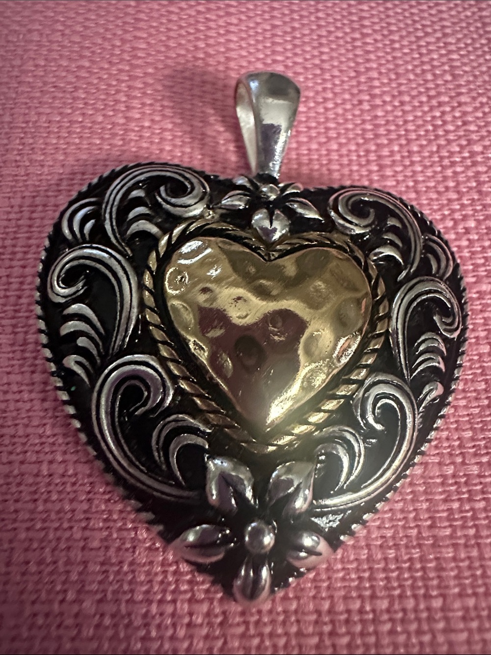Large Two-Tone Heart Pendant — Silver and Gold Floral Filigree